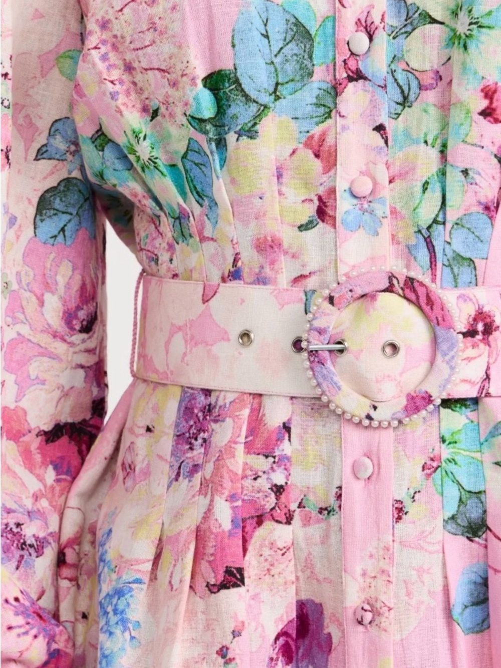 HEMANT & NANDITA Pastel Pink Floral Button-Front Long-Sleeve Dress with Belt - Picture 4 of 5